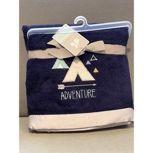 Just Born Adventure Baby Blanket Embroidered Arrow Navy Blue Gray Satin Trim New